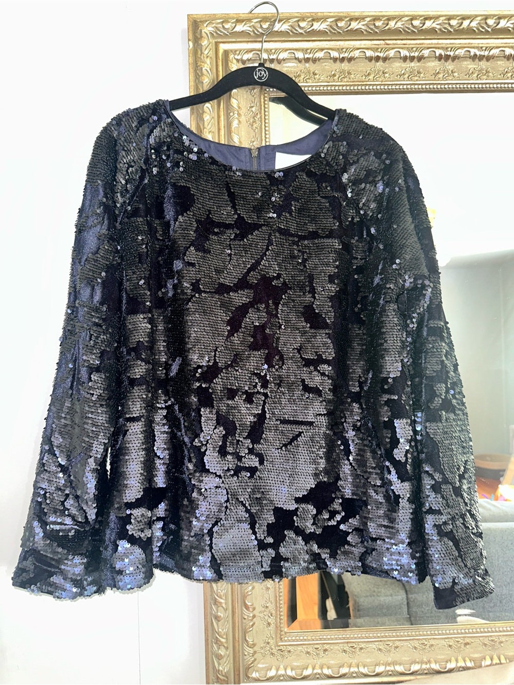 J.O.A. Navy Blue Sequin Long Sleeve Crewneck Top